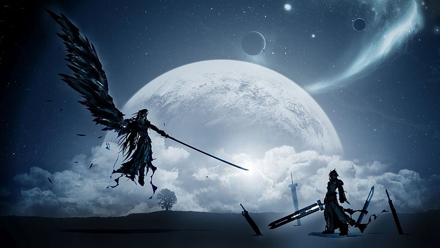 Dark Fantasy Battle Scene With Winged Angel And Knight Under Giant Moon HD wallpaper
