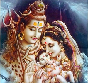 Shiva Parvati and Ganesha Family Portrait in Traditional Indian Art Style HD wallpaper