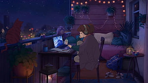 Cozy Night Study Session on a Balcony with Cat and City Lights HD wallpaper