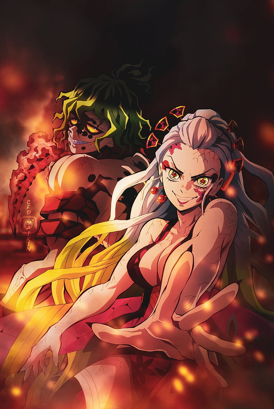 Daki and Gyutaro Demon Siblings from Demon Slayer in Fiery Inferno HD phone wallpaper