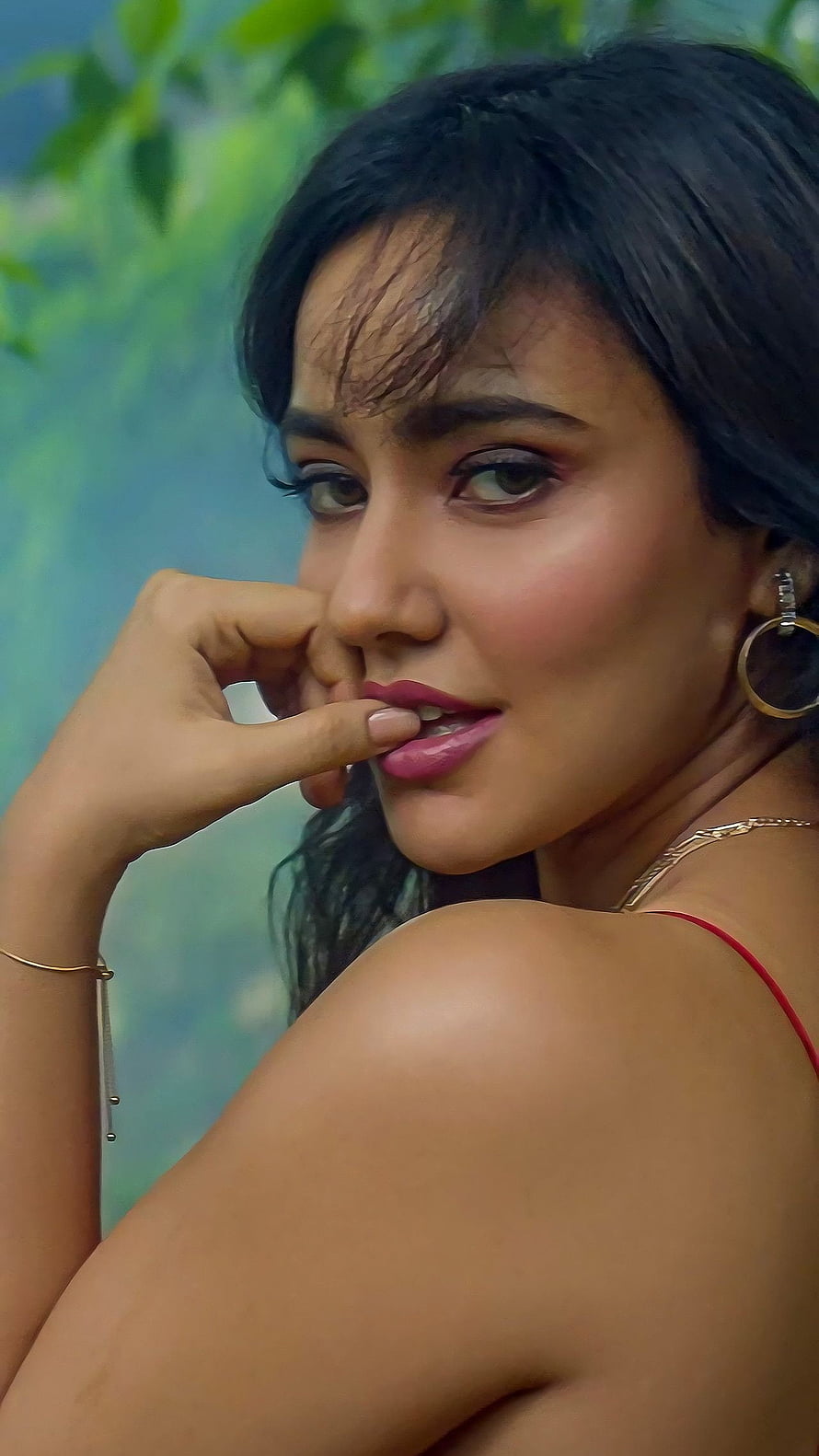 Neha Sharma Bollywood Actress Portrait With Finger On Lips And Gold Hoop Earrings HD phone wallpaper