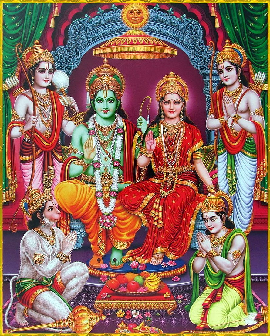 Lord Rama and Sita seated on a throne with Hanuman and Lakshmana in traditional Indian art style, VISHNU ART : . Sita ram, Ram hanuman, Hanuman, Ram Darbar HD phone wallpaper