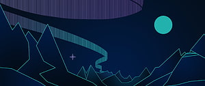 Abstract Geometric Night Landscape With Neon Outlined Mountains And A Winding Striped Path Under A Teal Moon HD wallpaper