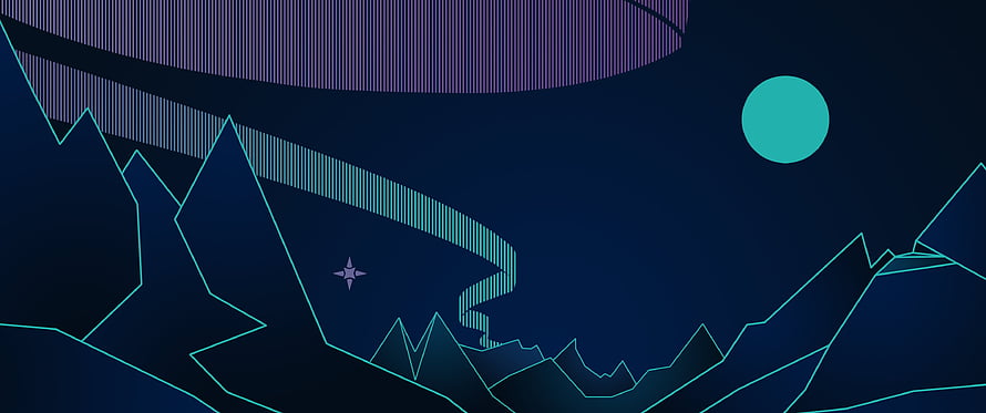 Abstract Geometric Night Landscape With Neon Outlined Mountains And A Winding Striped Path Under A Teal Moon HD wallpaper