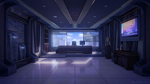 Anime Style Executive Office Interior with City View and Water Feature HD wallpaper