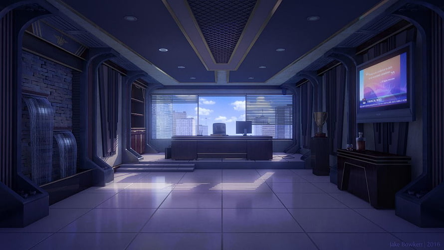 Anime Style Executive Office Interior with City View and Water Feature HD wallpaper