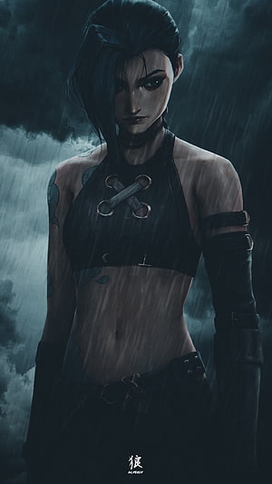 Jinx from Arcane in Dark Rainy Storm with Leather Outfit and Tattoos HD phone wallpaper