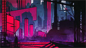 Cyberpunk Anime Cityscape with Neon Pink and Purple Skyscrapers HD wallpaper