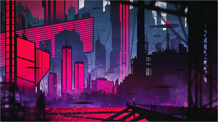 Cyberpunk Anime Cityscape with Neon Pink and Purple Skyscrapers HD wallpaper
