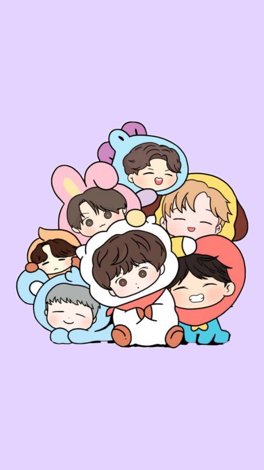 Cute Chibi K-pop Group in Colorful Animal Onesies HD phone wallpaper