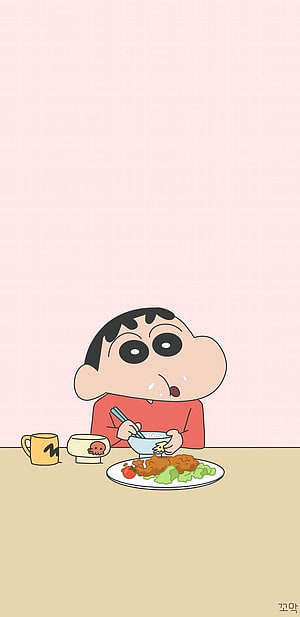Crayon Shin-chan Eating a Meal at the Table in a Cute Anime Illustration HD phone wallpaper