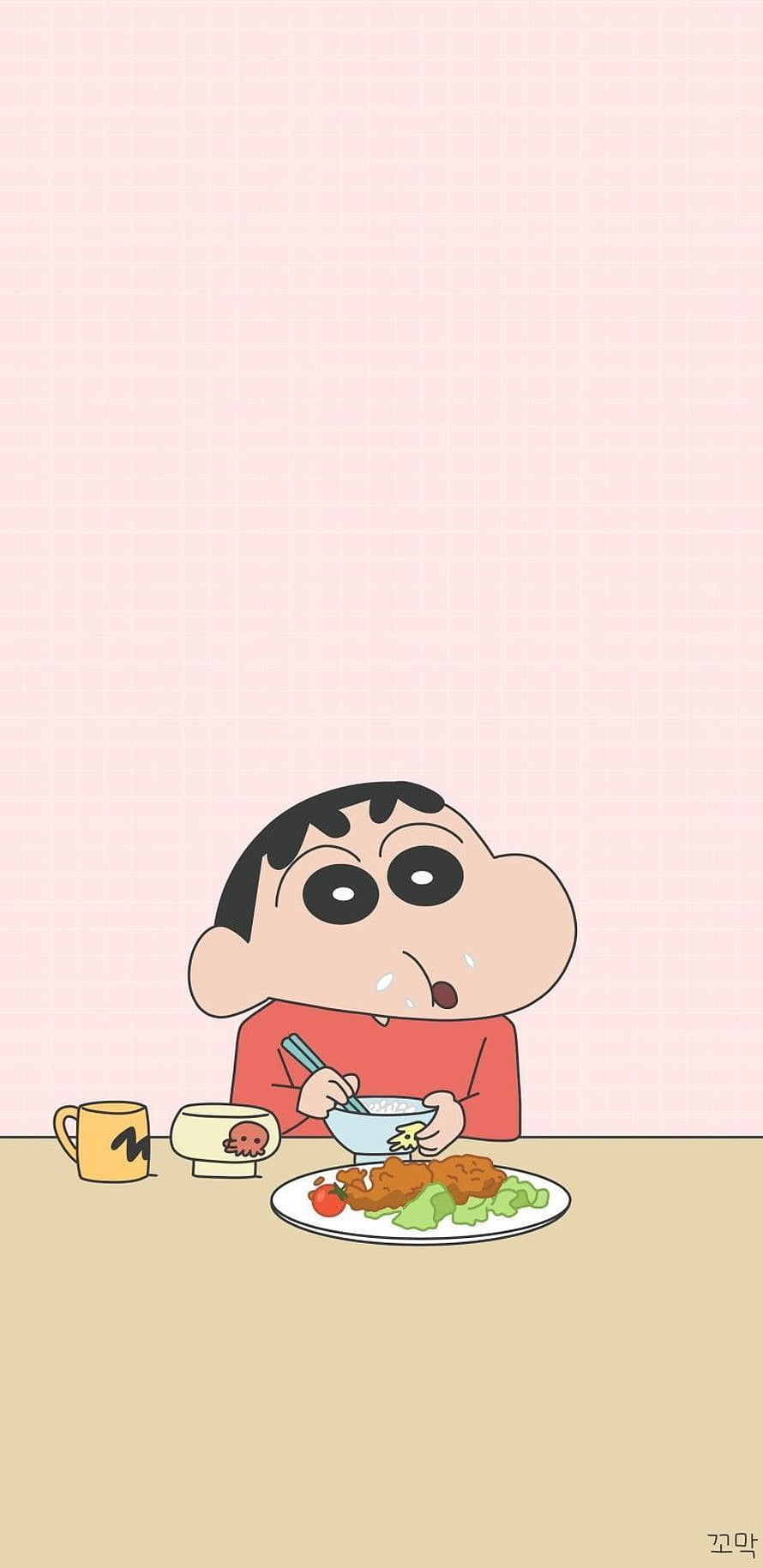 Crayon Shin-chan Eating a Meal at the Table in a Cute Anime Illustration HD phone wallpaper
