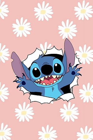 Cute Stitch Popping Through Pink Daisy Wallpaper HD phone wallpaper