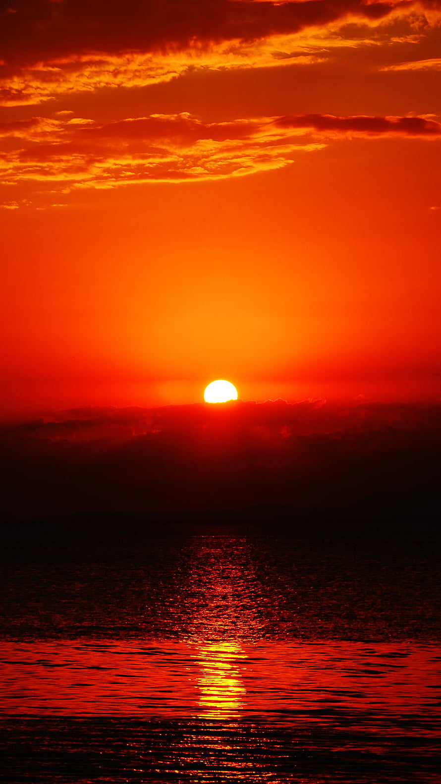 Vivid Red Sunset Over Calm Ocean With Dramatic Clouds and Golden Reflection HD phone wallpaper