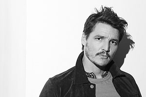 Pedro Pascal Black and White Portrait in Leather Jacket HD wallpaper
