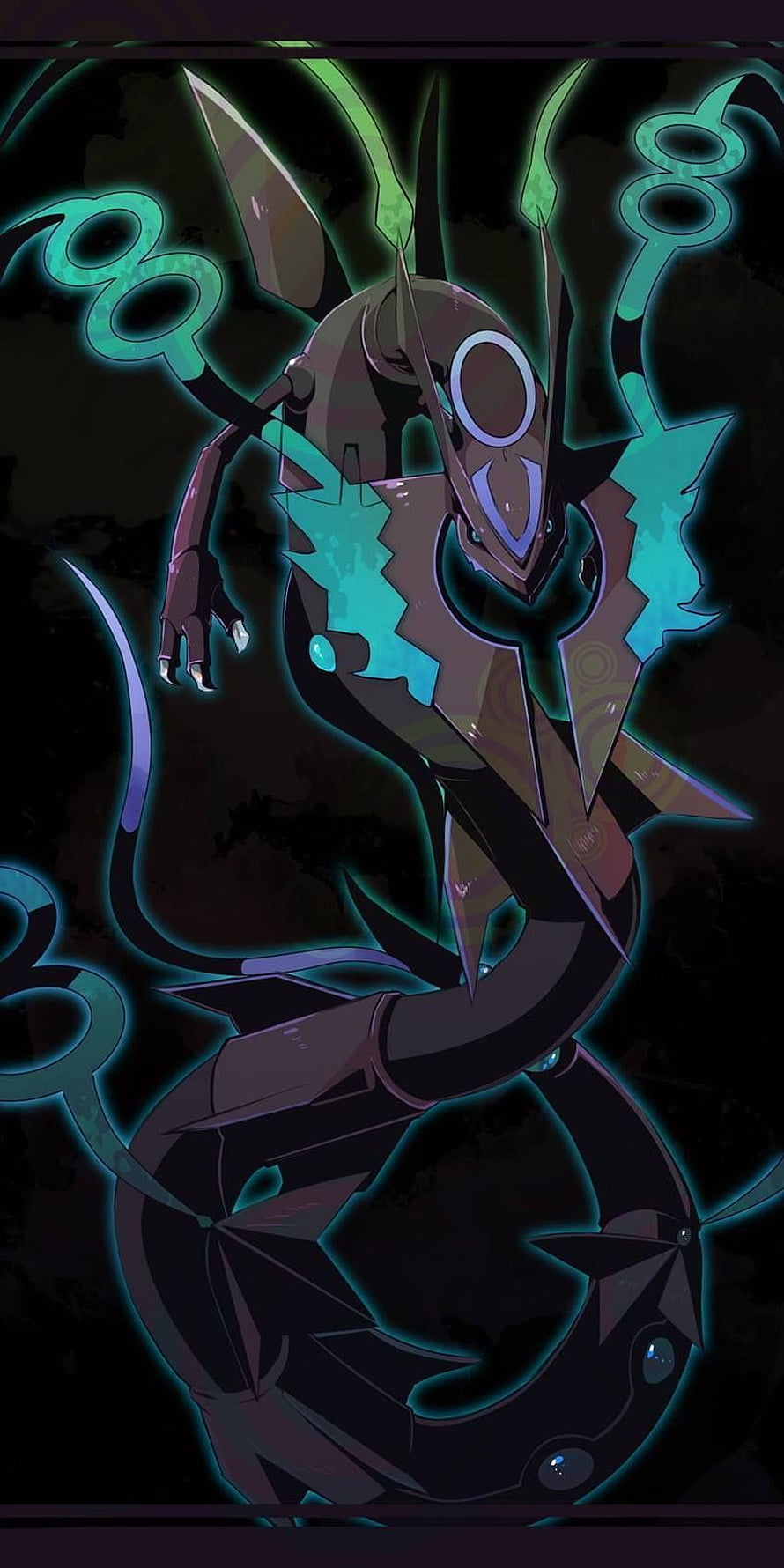 Shiny Mega Rayquaza Dark Fantasy Artwork with Neon Green Energy Aura HD phone wallpaper