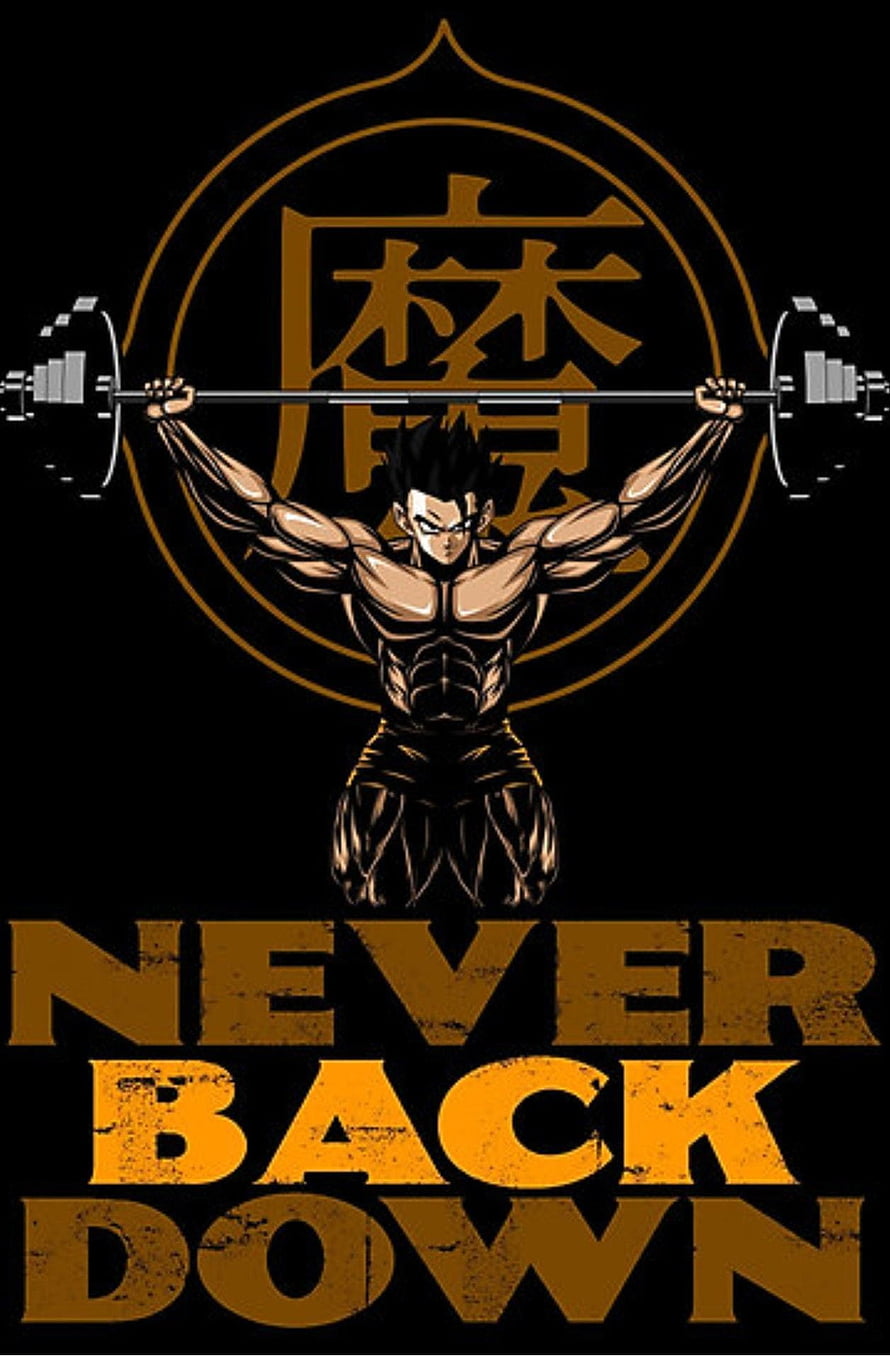 Vegeta lifting barbell with kanji symbol and never back down motivational quote HD phone wallpaper