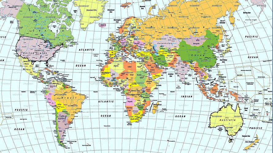 Detailed Political World Map with Country Borders and Ocean Labels HD wallpaper