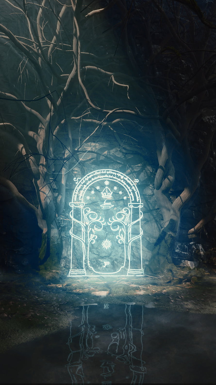 Glowing Rune Gate in Dark Forest with Water Reflection HD phone wallpaper