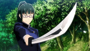 Maki Zenin Wielding a Katana in a Lush Forest from Jujutsu Kaisen HD wallpaper