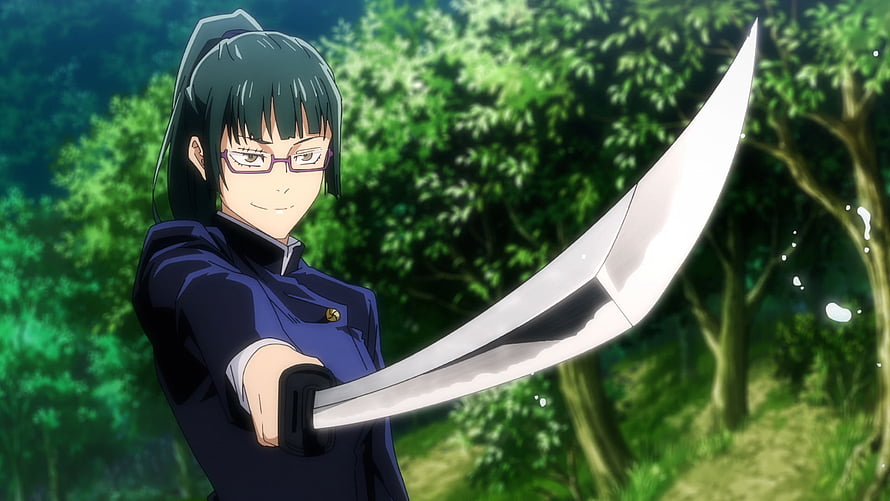 Maki Zenin Wielding a Katana in a Lush Forest from Jujutsu Kaisen HD wallpaper
