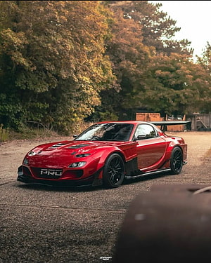Red Mazda RX-7 Pro Widebody Supercar with Large Rear Wing on Gravel Road HD phone wallpaper