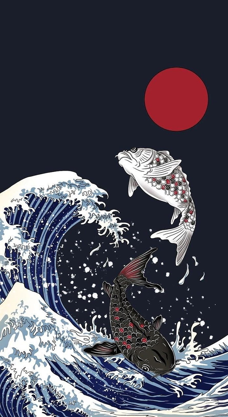 Japanese Koi Fish Leaping Over Waves Under Red Sun HD phone wallpaper