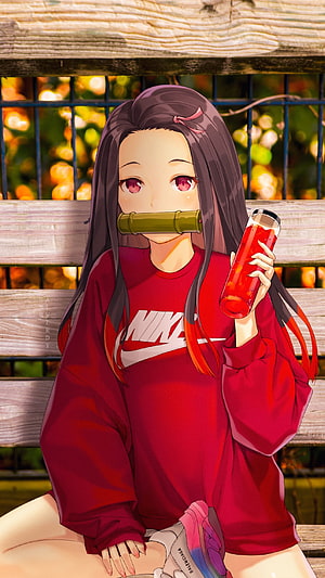 Nezuko Kamado from Demon Slayer in a red Nike sweatshirt sitting on a wooden bench HD phone wallpaper