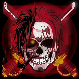 Skull Portrait of Shanks from One Piece with Crossed Swords and Red Hair HD phone wallpaper