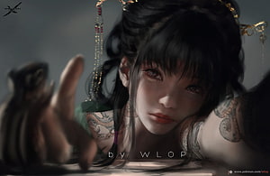 WLOP Digital Painting of a Tattooed Woman with Traditional Hair Ornaments, Shadow, girl, art, wlop, fantasy, face, dark HD wallpaper