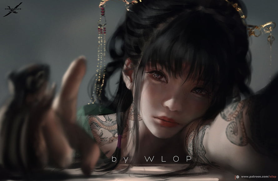 WLOP Digital Painting of a Tattooed Woman with Traditional Hair Ornaments, Shadow, girl, art, wlop, fantasy, face, dark HD wallpaper