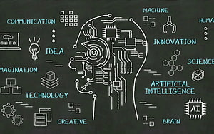 Artificial Intelligence Circuit Brain Concept on Chalkboard with Technology Keywords HD wallpaper