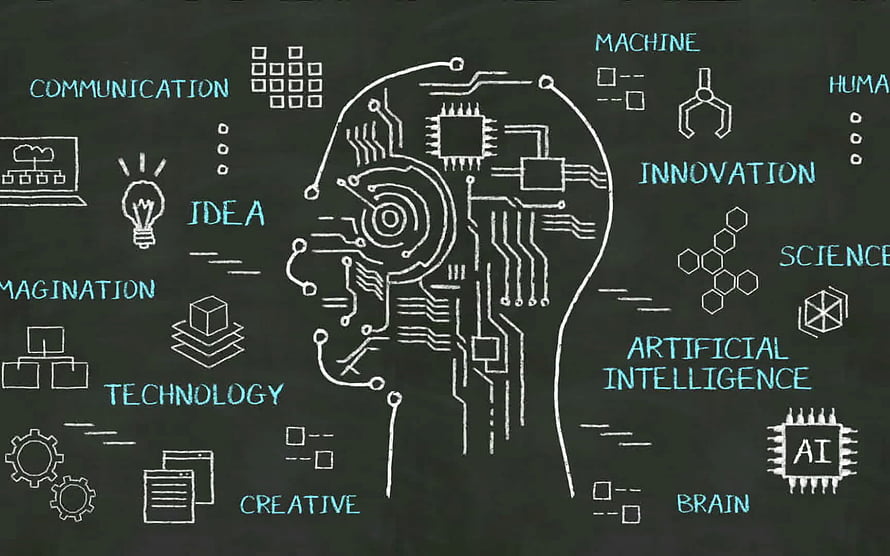 Artificial Intelligence Circuit Brain Concept on Chalkboard with Technology Keywords HD wallpaper