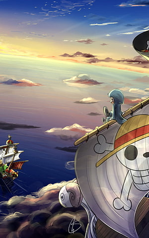 One Piece Thousand Sunny Ship Sailing Through Clouds at Sunset with Luffy HD phone wallpaper