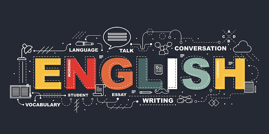 Colorful English Language Learning Concept with Vocabulary and Writing Icons HD wallpaper
