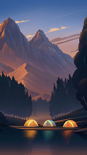 Stylized Mountain Camping Scene with Glowing Tents at Dusk HD phone wallpaper