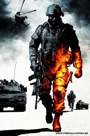 Flaming Soldier in Combat Gear with Military Vehicles and Helicopter HD phone wallpaper
