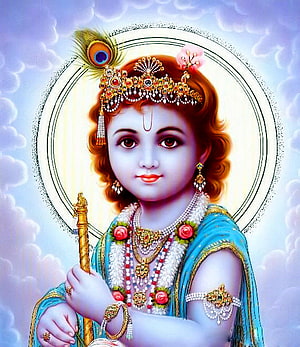 Lord Krishna Divine Portrait with Peacock Feather Crown and Golden Staff HD phone wallpaper