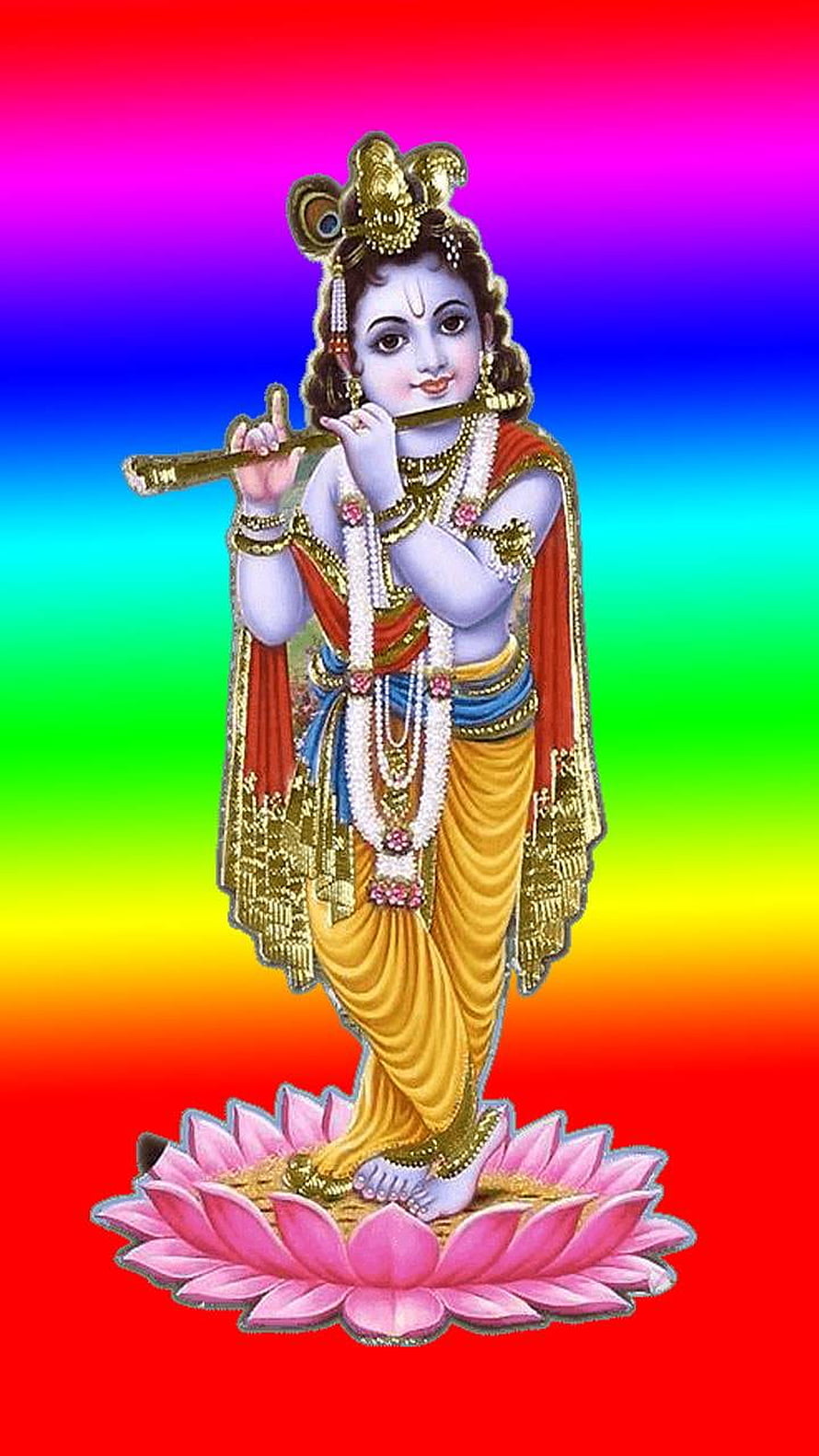 Krishna Playing Flute on Lotus with Rainbow Gradient Background HD phone wallpaper