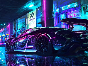 McLaren Supercar in Neon-Lit Cyberpunk Street with Wet Reflections HD wallpaper