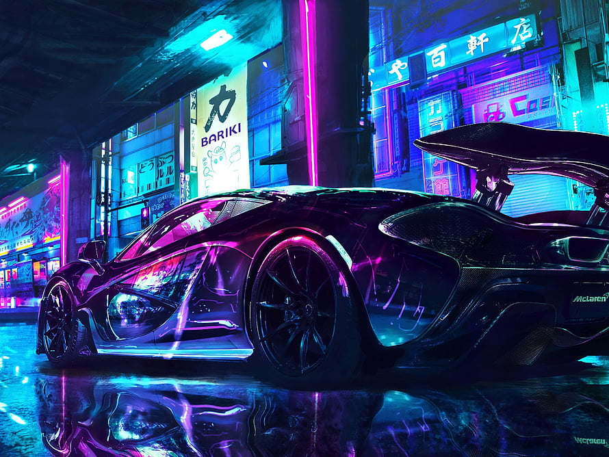 McLaren Supercar in Neon-Lit Cyberpunk Street with Wet Reflections HD wallpaper