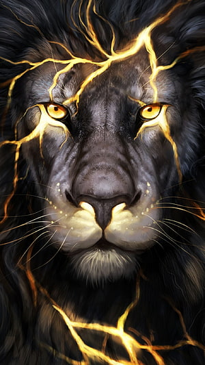 Majestic Black Lion With Golden Lightning Cracks And Glowing Amber Eyes Digital Art HD phone wallpaper