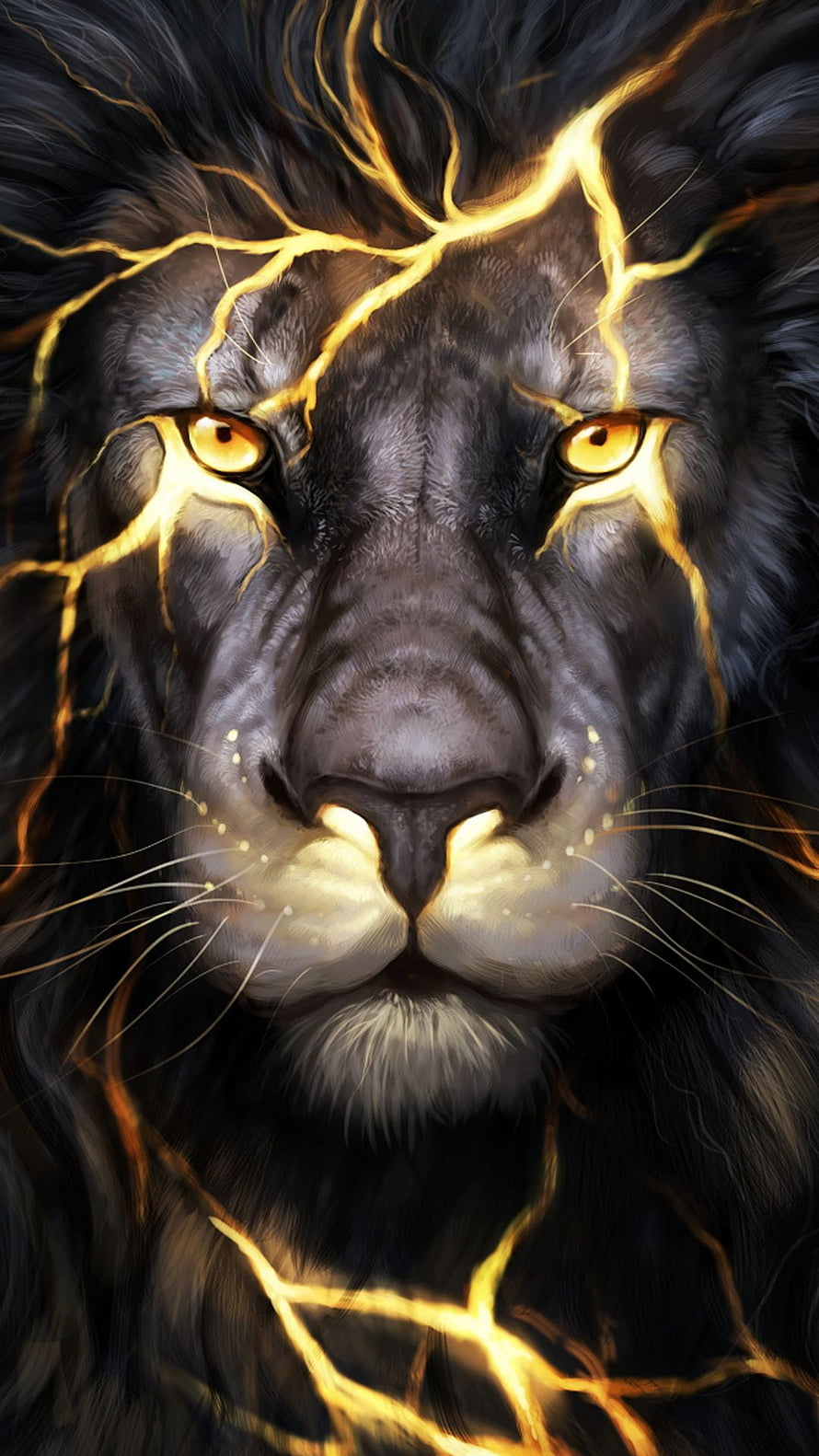 Majestic Black Lion With Golden Lightning Cracks And Glowing Amber Eyes Digital Art HD phone wallpaper