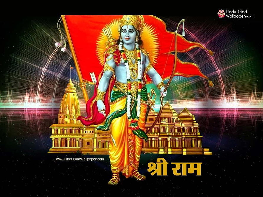 Lord Shri Ram with bow and arrow standing before golden temple with radiant red flag HD wallpaper