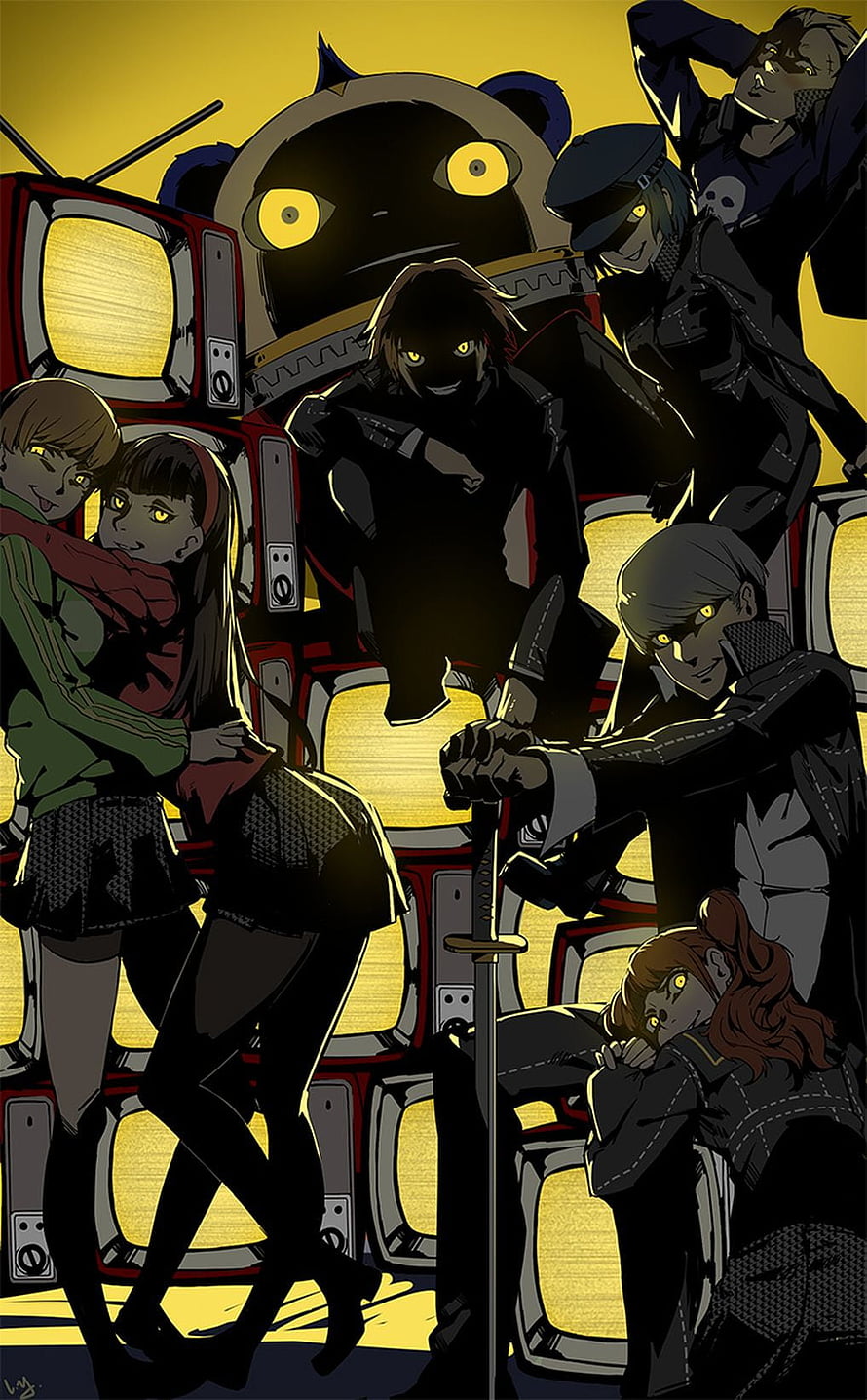 Persona 5 The Royal Phantom Thieves Group Artwork with TV Background HD phone wallpaper