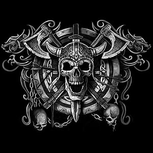 Viking Skull Emblem with Crossed Axes and Horned Helmet in Dark Tribal Style HD wallpaper