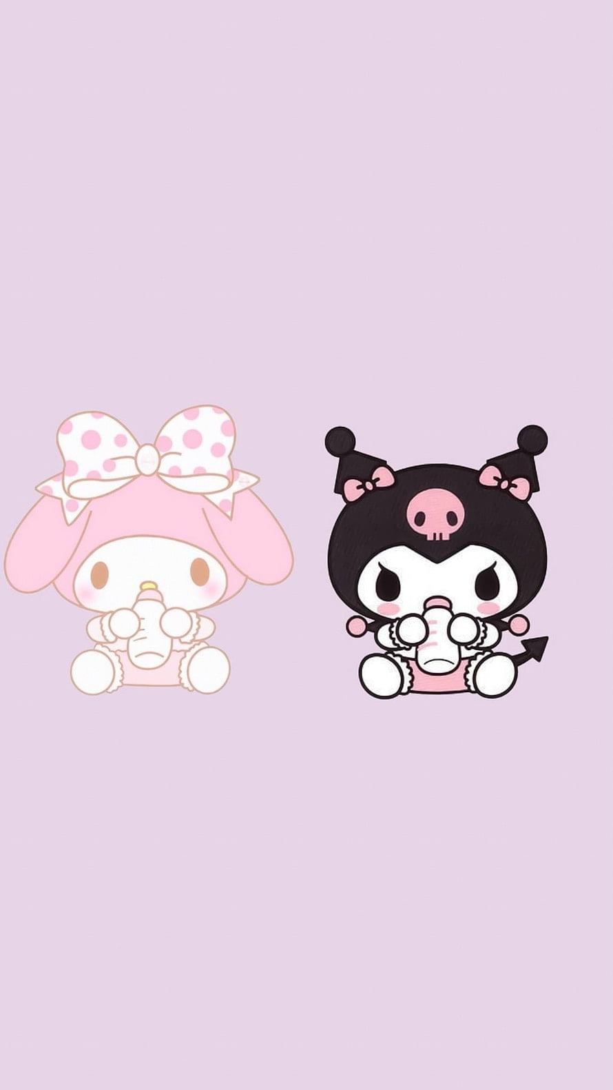 Cute My Melody and Kuromi Drinking Milk Bottles on Pastel Purple Background HD phone wallpaper