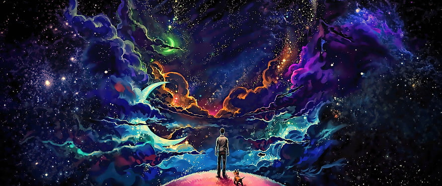 Man and Dog Gazing at Vibrant Cosmic Nebula and Starry Night Sky, 2560X1080 HD wallpaper