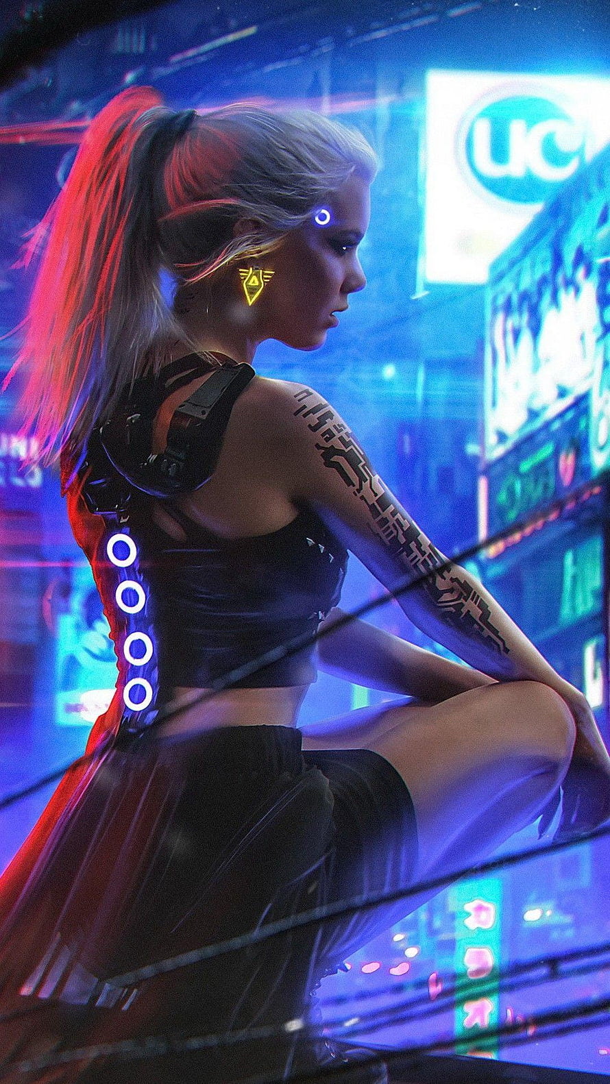 Cyberpunk Woman with Neon Tattoos and Glowing Eye Implant in Futuristic City, cyberpunk: Cyberpunk Girl Mobile HD phone wallpaper
