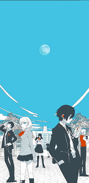 Persona 3 anime characters in school uniforms under a bright blue sky with a full moon HD phone wallpaper